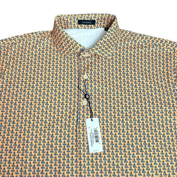 Turtleson golf polo men's Large Orange Sailboat Printed polyester Shirt New - Picture 2 of 9